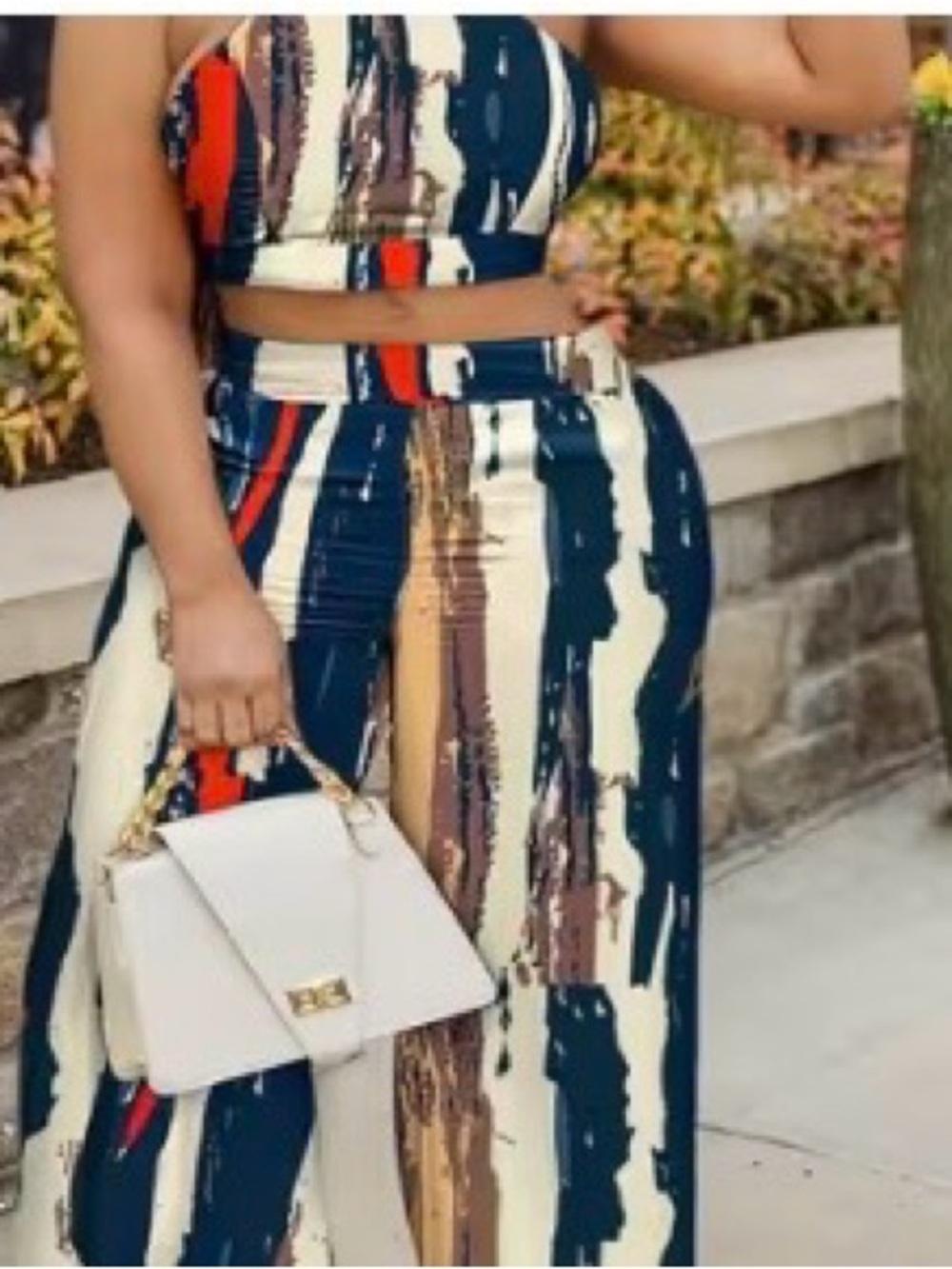 High-Rise Wide-Leg Pants in Navy, Cream & Red Abstract Print